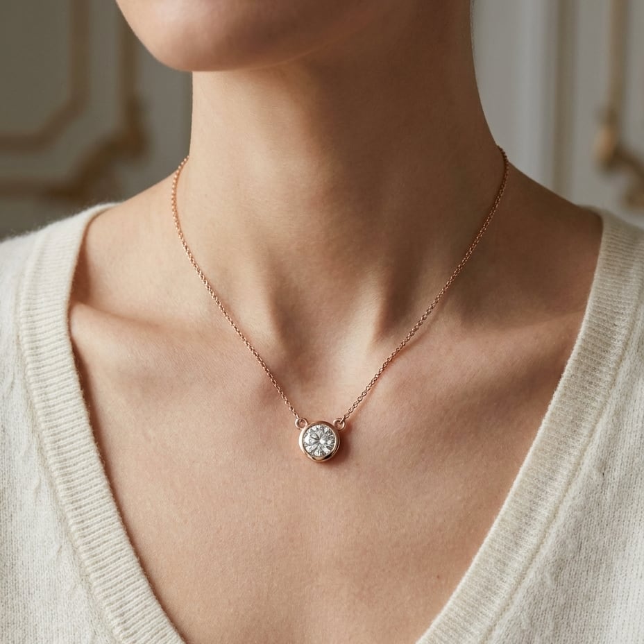 Natural Diamond Round Brilliant Solitaire Pendant in 14K Rose Gold, 2 ct. t.w., worn close-up portrait