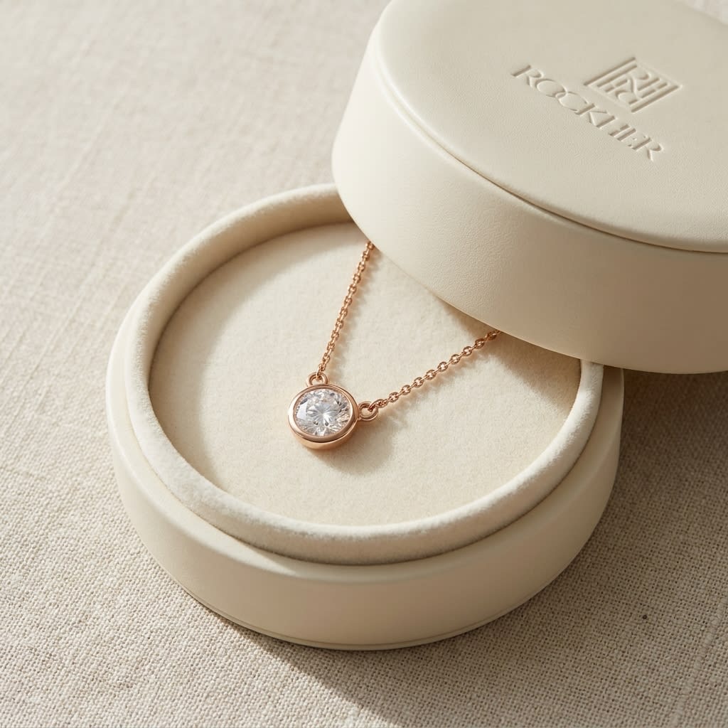 Natural Diamond Round Brilliant Solitaire Pendant in 14K Rose Gold, 2 ct. t.w., in navy velvet jewelry box