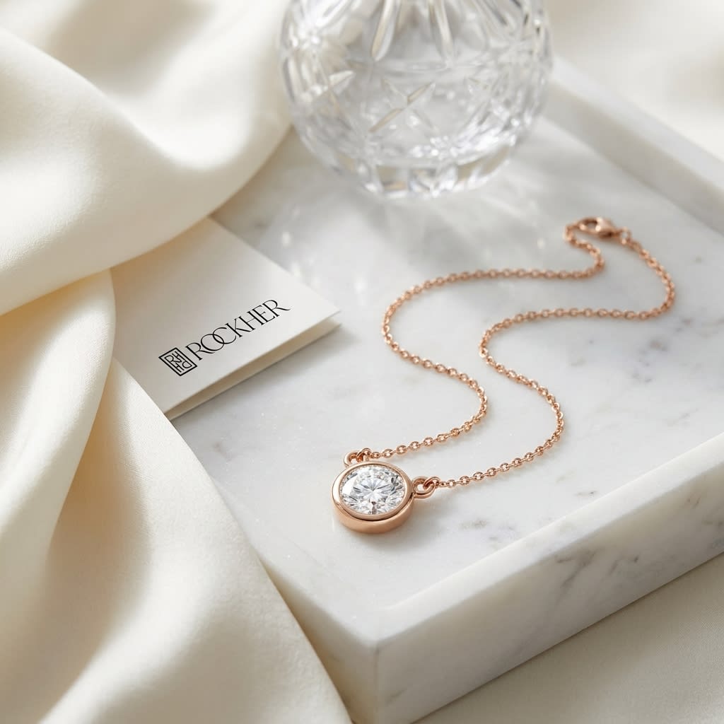 Natural Diamond Round Brilliant Solitaire Pendant in 14K Rose Gold, 1 ct. t.w., on marble vanity tray with silk