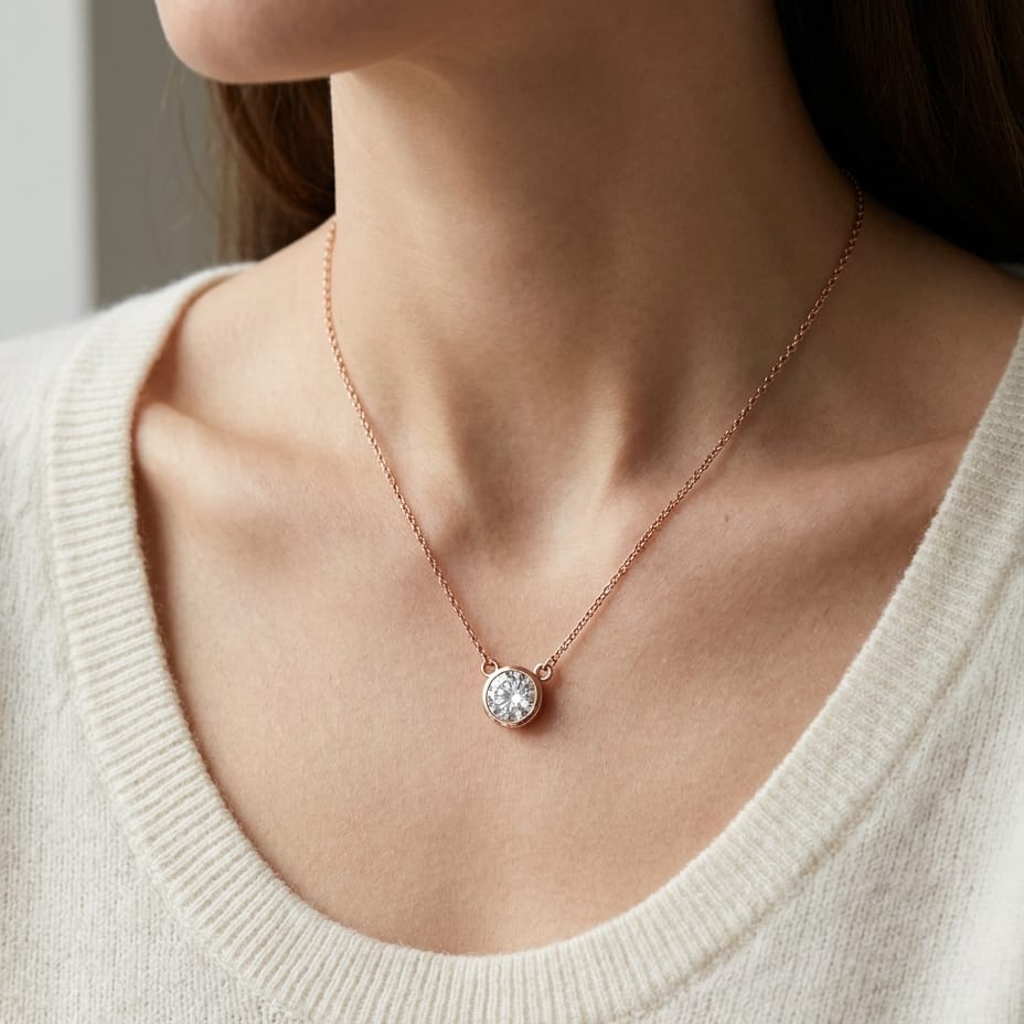 Natural Diamond Round Brilliant Solitaire Pendant in 14K Rose Gold, 1 ct. t.w., worn close-up portrait