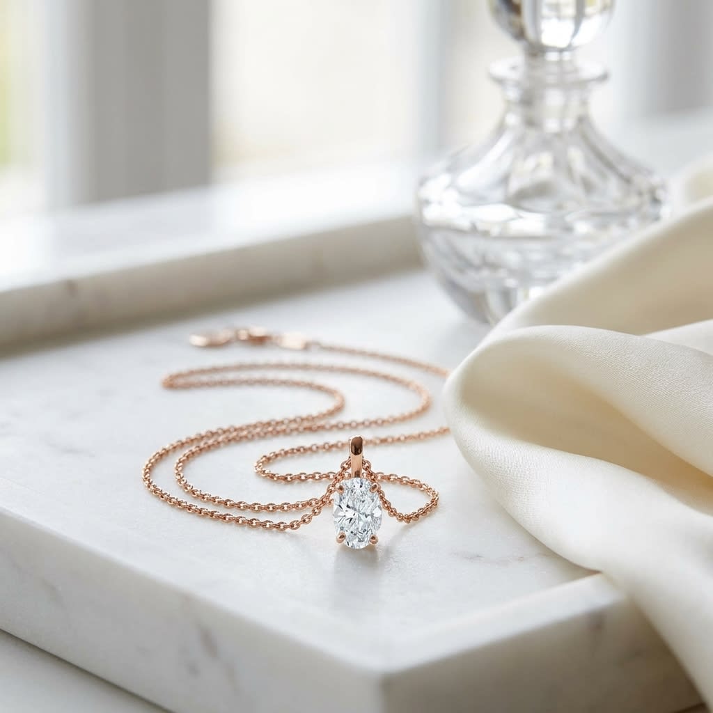 Natural Diamond Oval Solitaire Pendant in 14K Rose Gold, 2 ct. t.w., on marble vanity tray with silk