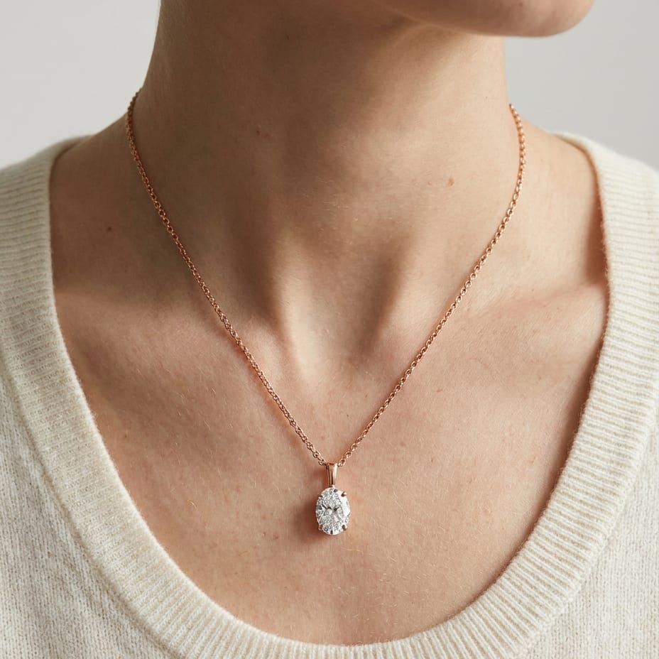 Natural Diamond Oval Solitaire Pendant in 14K Rose Gold, 2 ct. t.w., worn close-up portrait