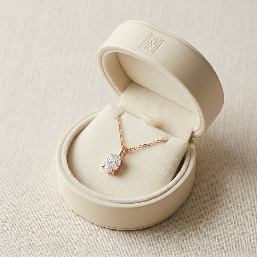 Natural Diamond Oval Solitaire Pendant in 14K Rose Gold, 2 ct. t.w., in navy velvet jewelry box