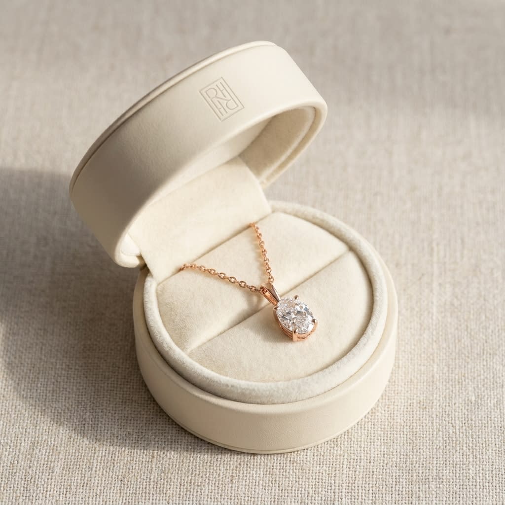 Natural Diamond Oval Solitaire Pendant in 14K Rose Gold, 4 ct. t.w., in navy velvet jewelry box