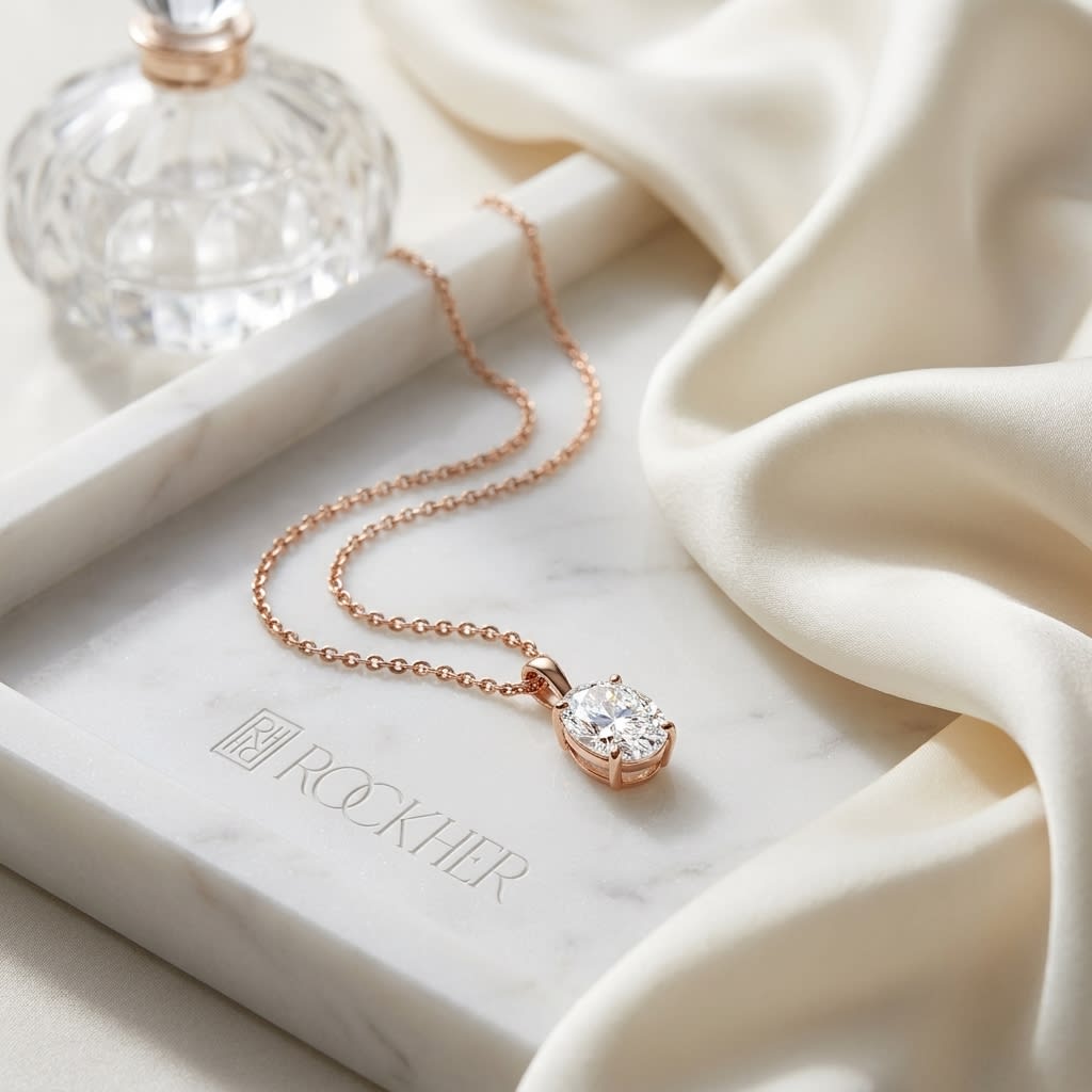 Natural Diamond Oval Solitaire Pendant in 14K Rose Gold, 4 ct. t.w., on marble vanity tray with silk