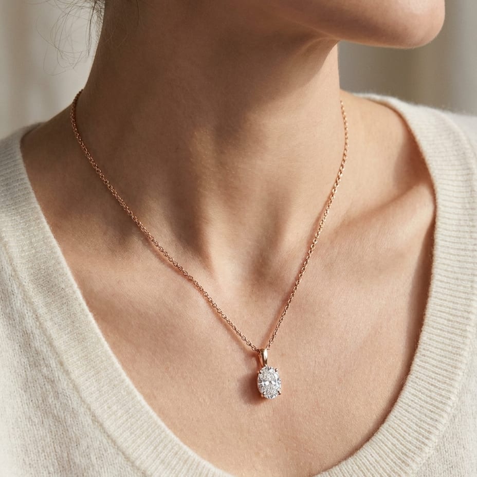Natural Diamond Oval Solitaire Pendant in 14K Rose Gold, 4 ct. t.w., worn close-up portrait