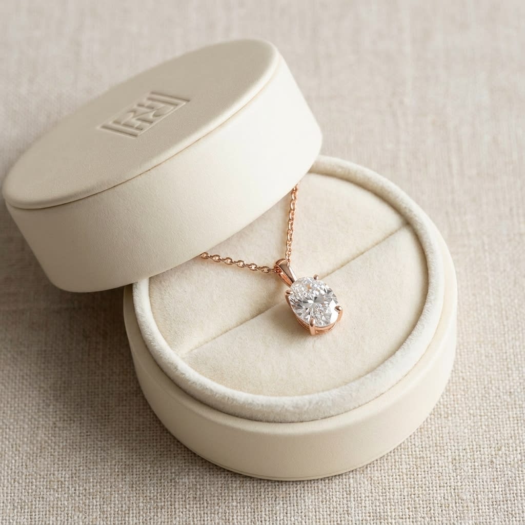 Natural Diamond Oval Solitaire Pendant in 14K Rose Gold, 4 ct. t.w., in navy velvet jewelry box