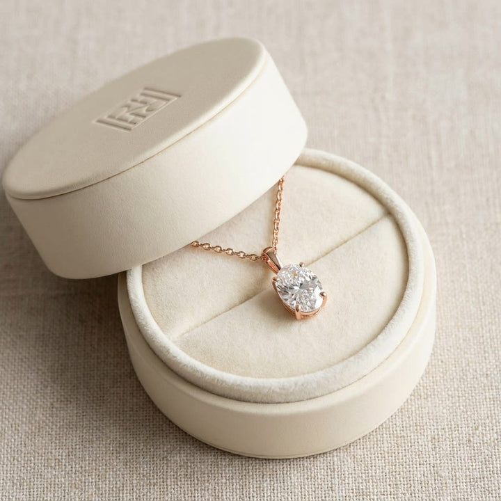 Natural Diamond Oval Solitaire Pendant in 14K Rose Gold, 4 ct. t.w., in navy velvet jewelry box
