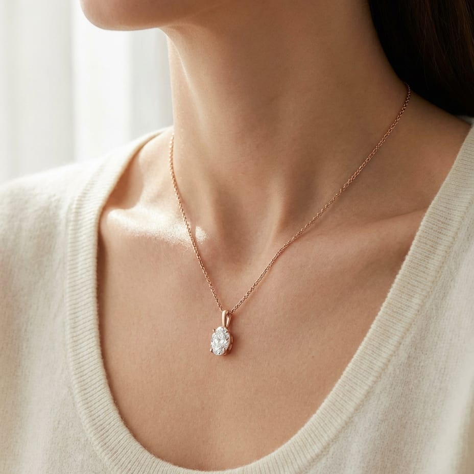 Natural Diamond Oval Solitaire Pendant in 14K Rose Gold, 2 ct. t.w., worn close-up portrait