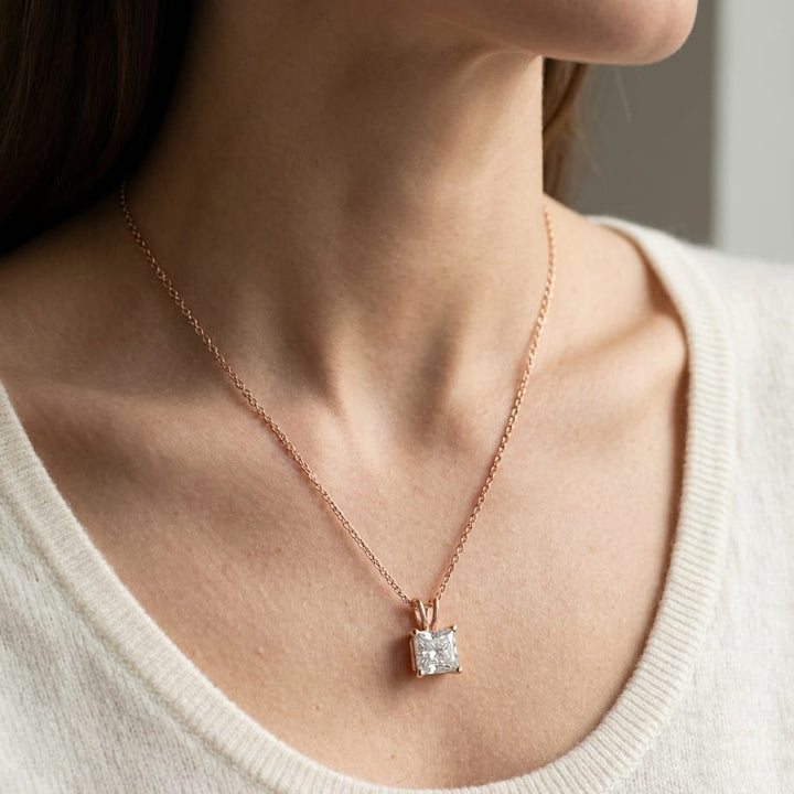 Natural Diamond Princess Cut Solitaire Pendant in 14K Rose Gold, 4 ct. t.w., worn close-up portrait