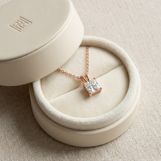 Natural Diamond Princess Cut Solitaire Pendant in 14K Rose Gold, 4 ct. t.w., in navy velvet jewelry box