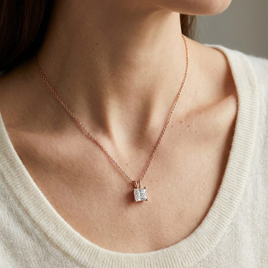 Natural Diamond Princess Cut Solitaire Pendant in 14K Rose Gold, 2 ct. t.w., worn close-up portrait