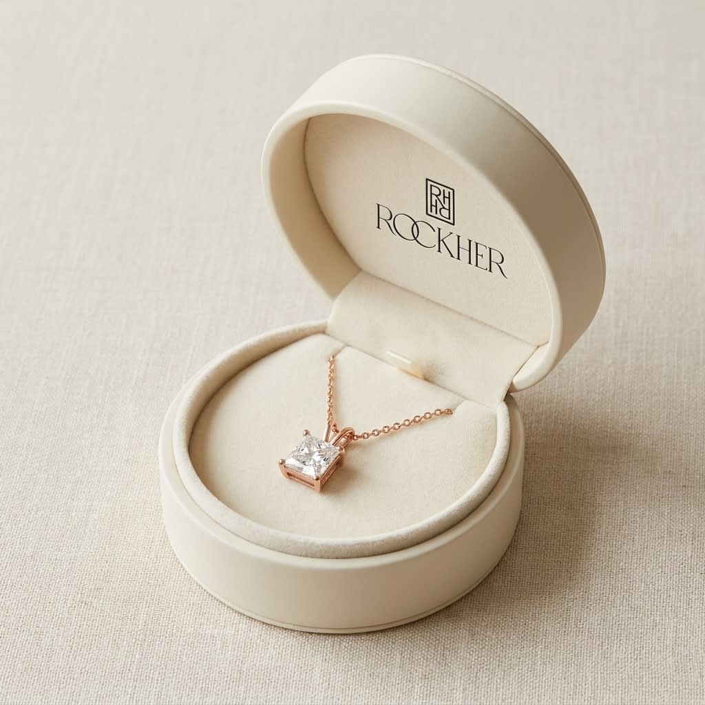 Natural Diamond Princess Cut Solitaire Pendant in 14K Rose Gold, 2 ct. t.w., in navy velvet jewelry box
