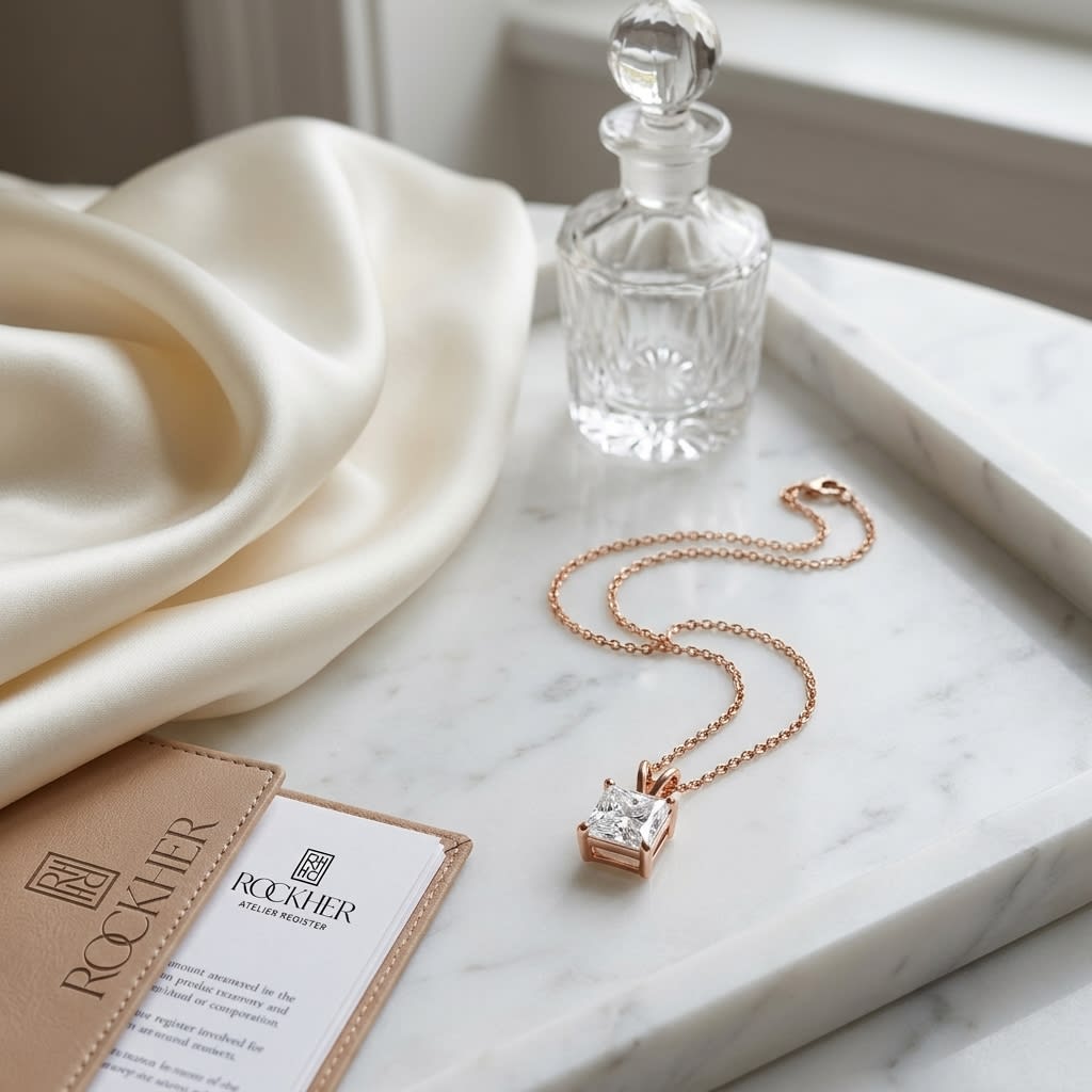 Natural Diamond Princess Cut Solitaire Pendant in 14K Rose Gold, 2 ct. t.w., on marble vanity tray with silk