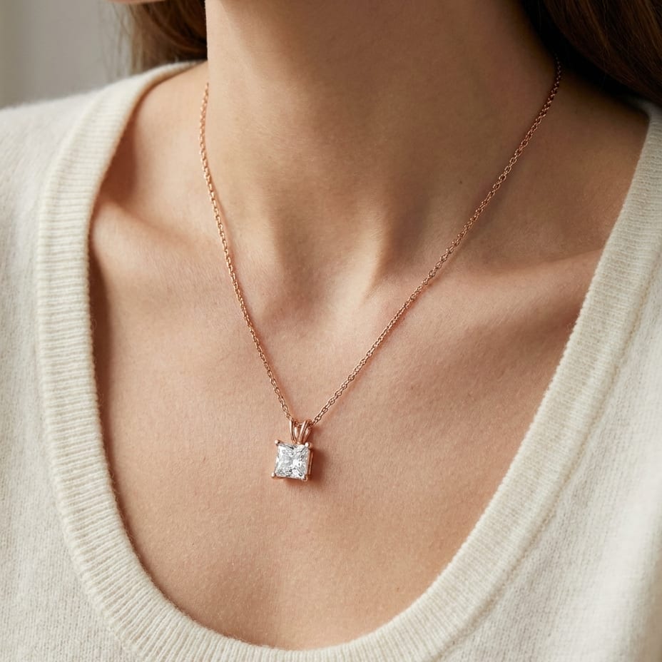 Natural Diamond Princess Cut Solitaire Pendant in 14K Rose Gold, 2 ct. t.w., worn close-up portrait