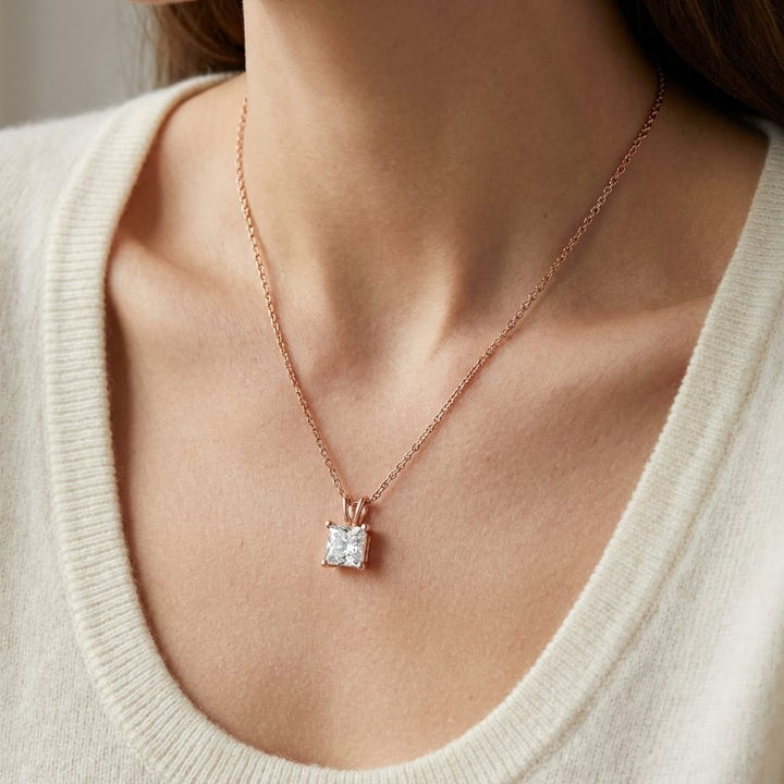 Natural Diamond Princess Cut Solitaire Pendant in 14K Rose Gold, 2 ct. t.w., worn close-up portrait