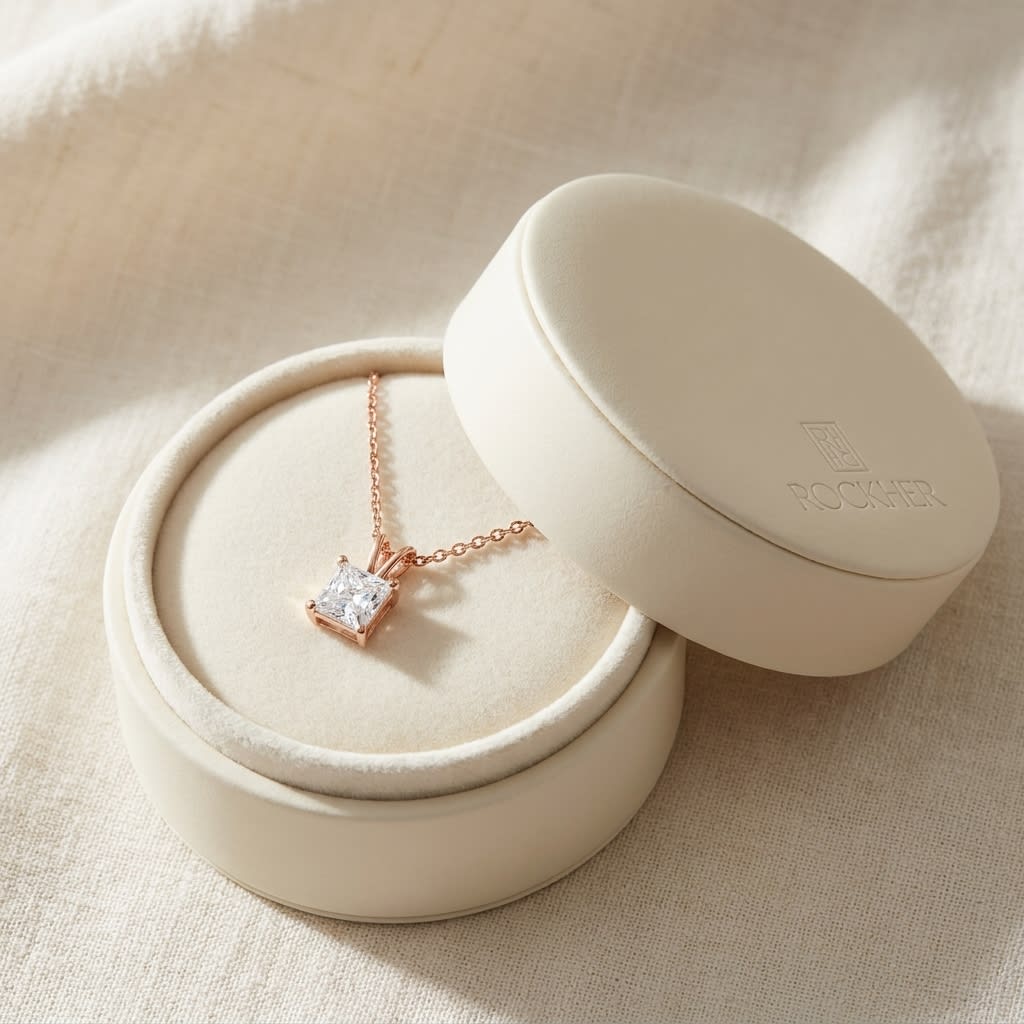 Natural Diamond Princess Cut Solitaire Pendant in 14K Rose Gold, 2 ct. t.w., in navy velvet jewelry box