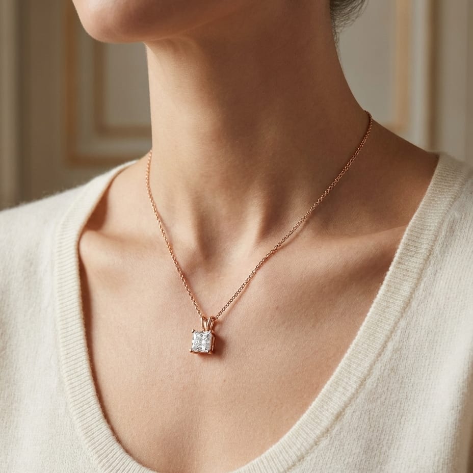 Natural Diamond Princess Cut Solitaire Pendant in 14K Rose Gold, 3 ct. t.w., worn close-up portrait