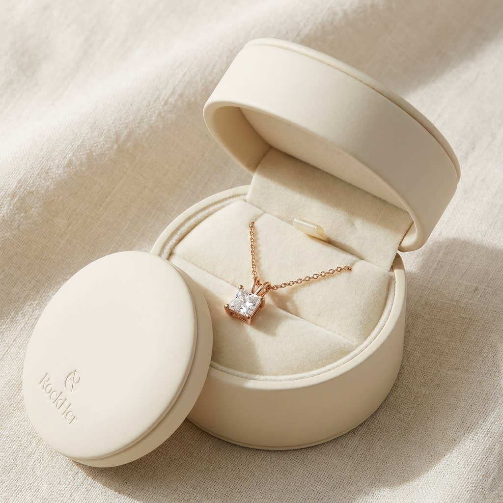 Natural Diamond Princess Cut Solitaire Pendant in 14K Rose Gold, 3 ct. t.w., in navy velvet jewelry box