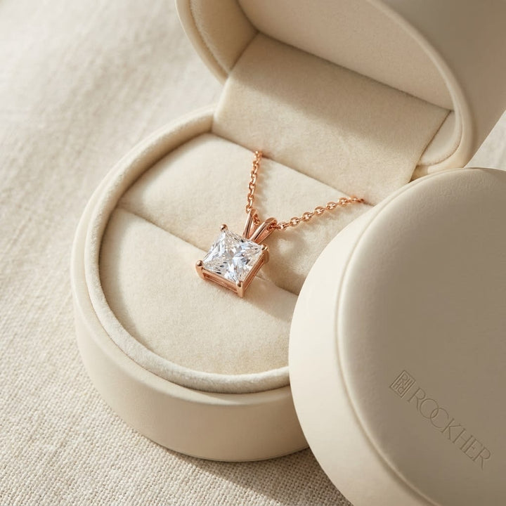 Natural Diamond Princess Cut Solitaire Pendant in 14K Rose Gold, 4 ct. t.w., in navy velvet jewelry box