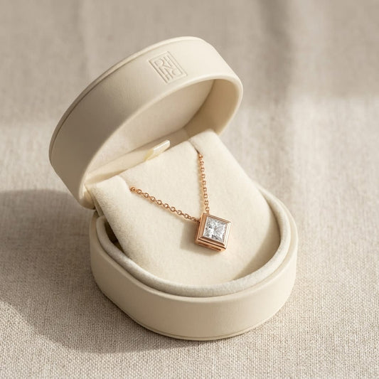 Natural Diamond Princess Cut Solitaire Pendant in 14K Rose Gold, 4 ct. t.w., in navy velvet jewelry box