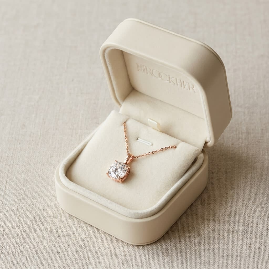 Natural Diamond Cushion Solitaire Pendant in 14K Rose Gold, 3 ct. t.w., in navy velvet jewelry box