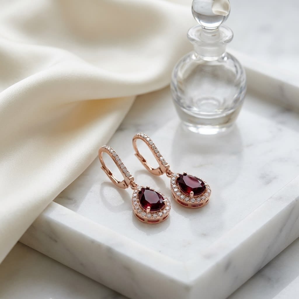 Rhodolite Garnet And Diamond Teardrop Halo Dangling Earrings in 14K Rose Gold, on marble vanity tray with silk