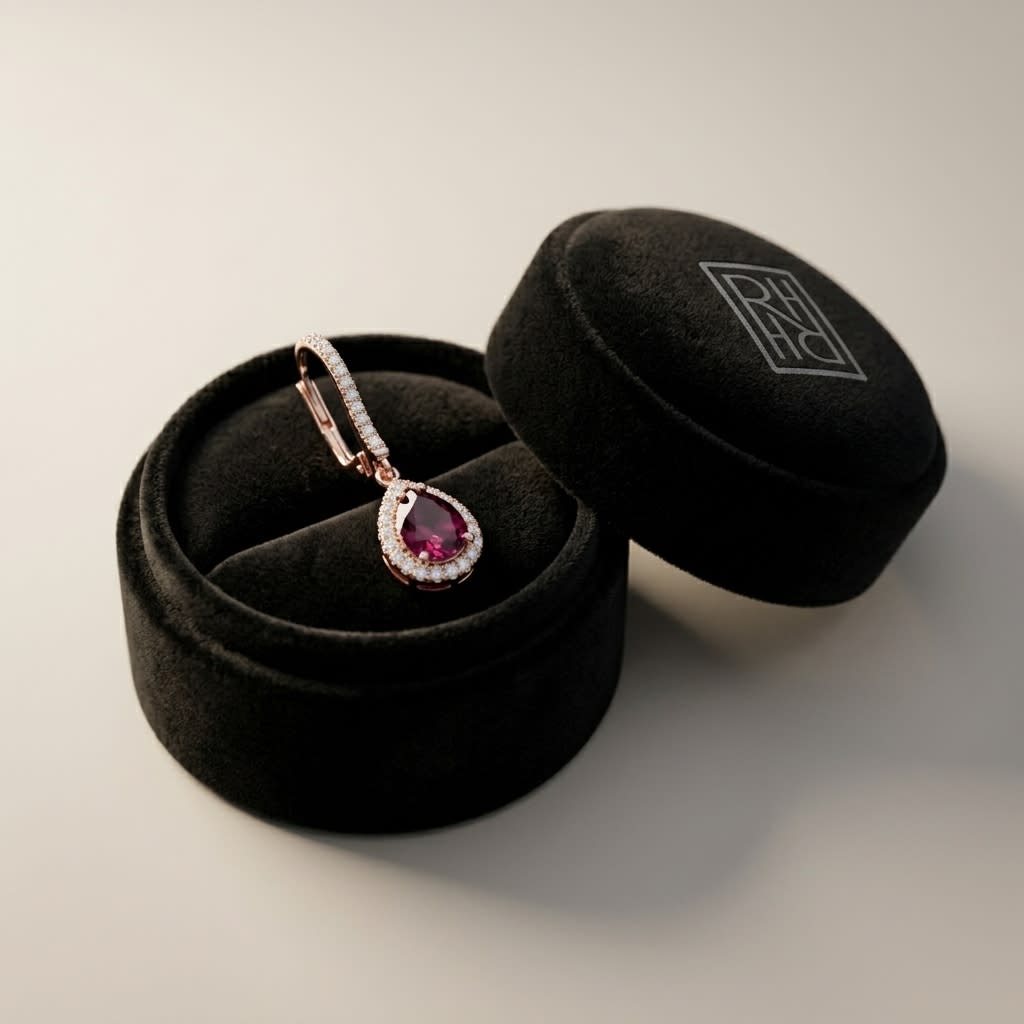 Rhodolite Garnet And Diamond Teardrop Halo Dangling Earrings in 14K Rose Gold, in navy velvet jewelry box