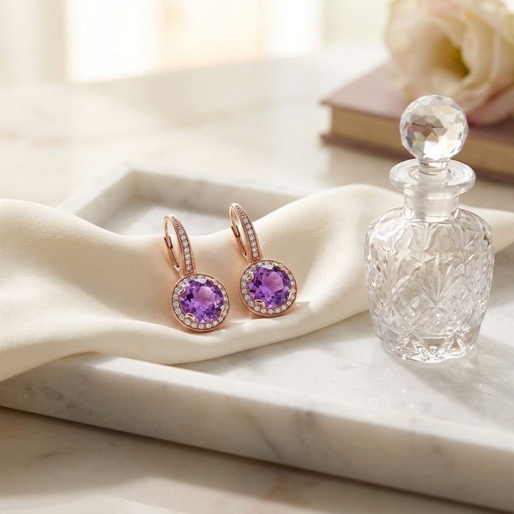 Amethyst & Diamond Round Halo Antique Finish Dangle Earrings in 14K Rose Gold - lifestyle