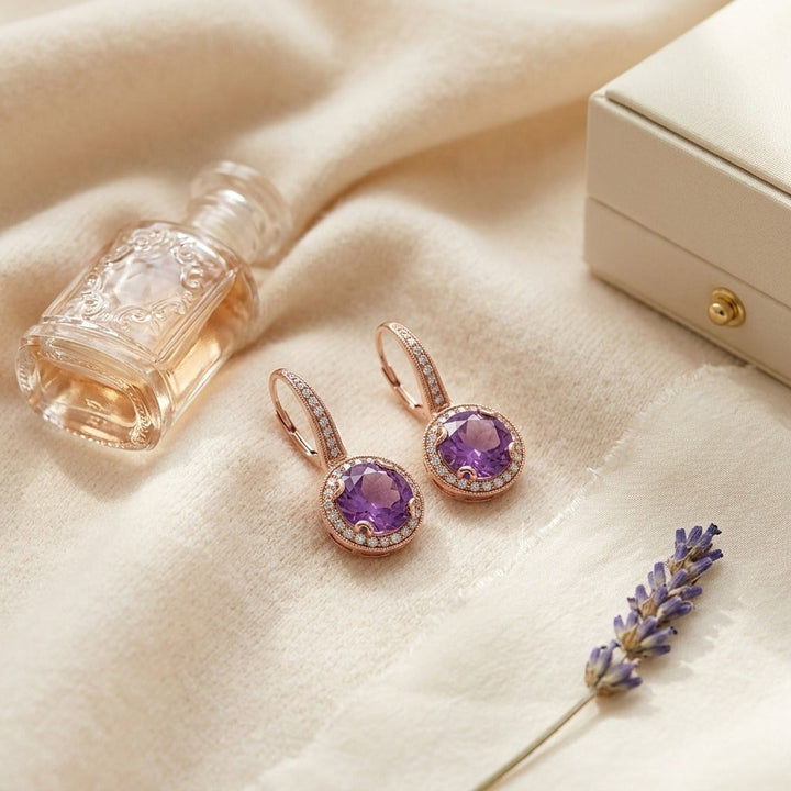 Amethyst & Diamond Round Halo Antique Finish Dangle Earrings in 14K Rose Gold - flat lay
