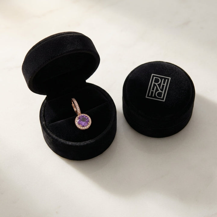 Amethyst & Diamond Round Halo Antique Finish Dangle Earrings in 14K Rose Gold - presentation