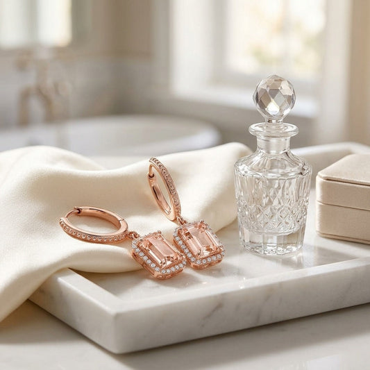 Morganite Emerald Cut with Diamond Pave Halo Earrings in 14K Rose Gold - editorial