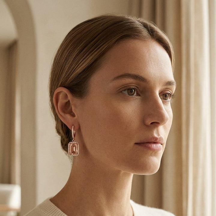 Morganite Emerald Cut with Diamond Pave Halo Earrings in 14K Rose Gold - lifestyle
