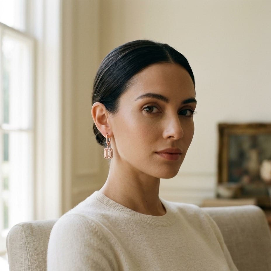 Morganite Emerald Cut with Diamond Pave Halo Earrings in 14K Rose Gold - on model