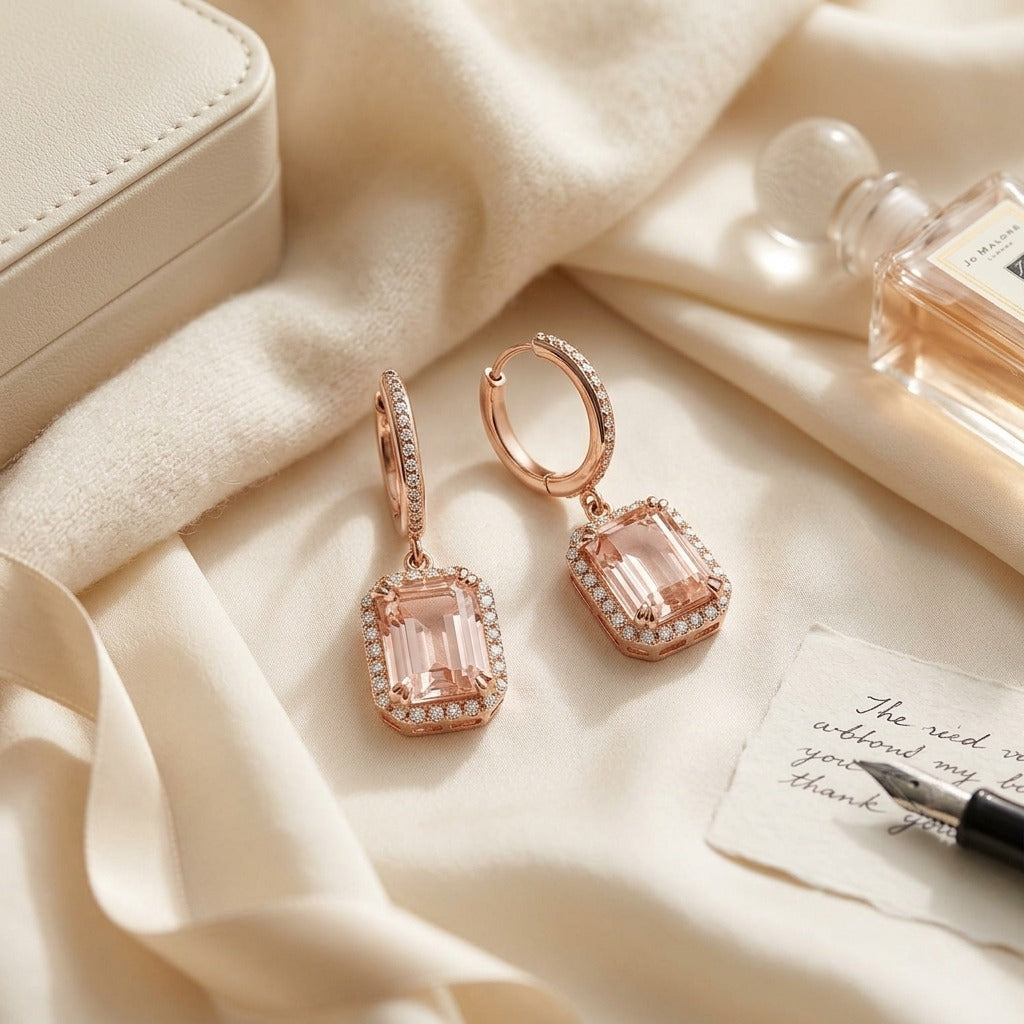 Morganite Emerald Cut with Diamond Pave Halo Earrings in 14K Rose Gold - flat lay