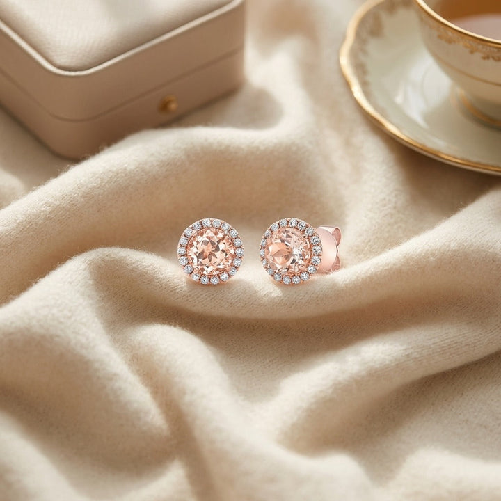 Morganite Round 4 Prong Stud Earrings in 14K Rose Gold - flat lay
