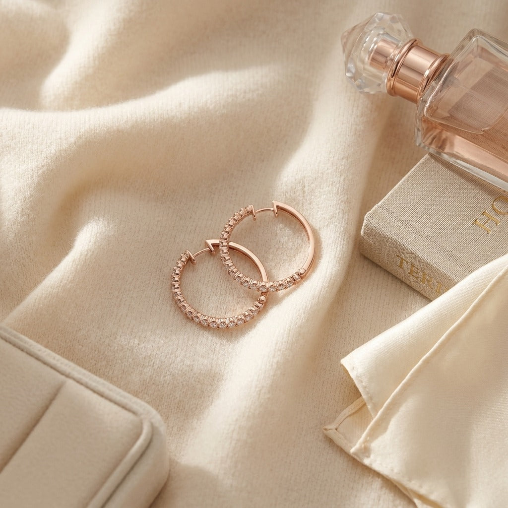 Diamond Micro Pave Hoops in 14K Rose Gold - flat lay