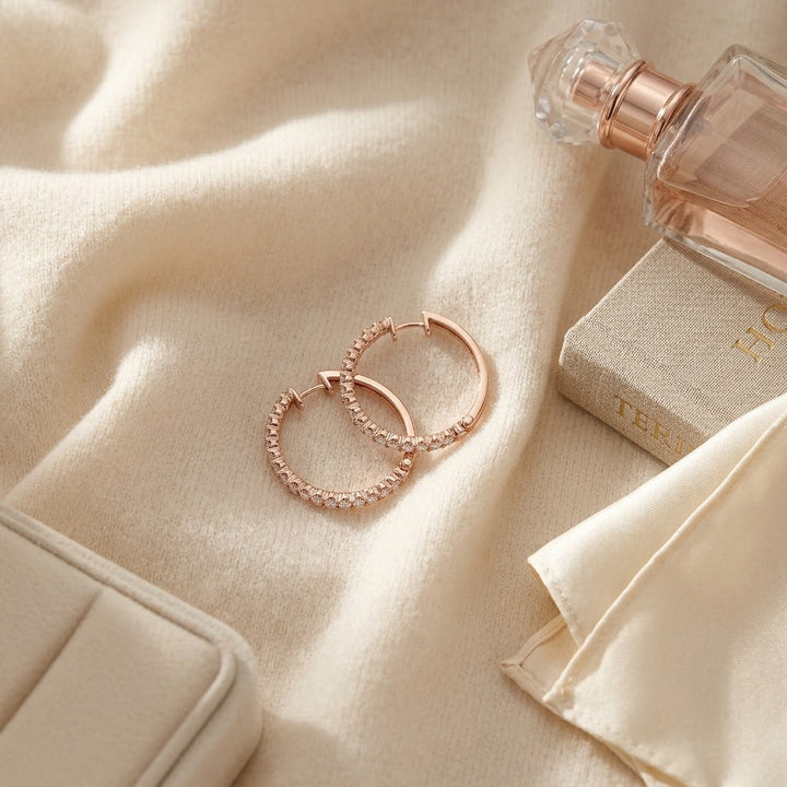 Diamond Micro Pave Hoops in 14K Rose Gold - flat lay