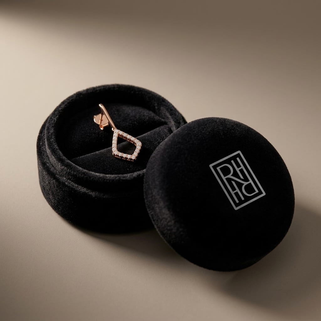 Diamond Drop Earrings in 14K Rose Gold, in navy velvet jewelry box