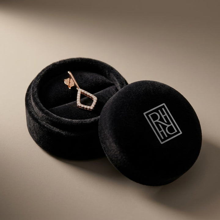 Diamond Drop Earrings in 14K Rose Gold, in navy velvet jewelry box