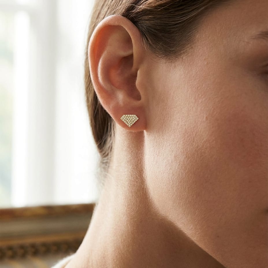 Natural Diamond Round Brilliant Stud Earrings in 14K Rose Gold, 3 ct. t.w., worn close-up portrait