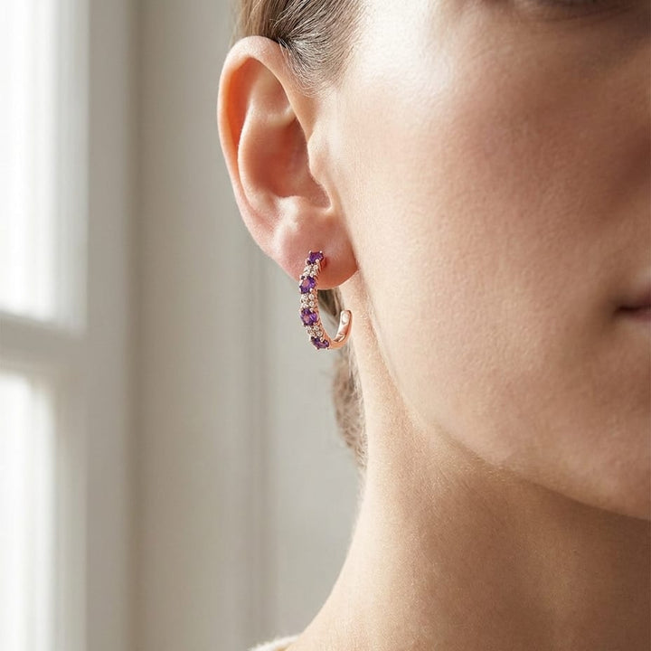 Amethyst And Diamond Alternating Prong-set 2-row Half Hoop Earring in 14K Rose Gold, worn close-up portrait