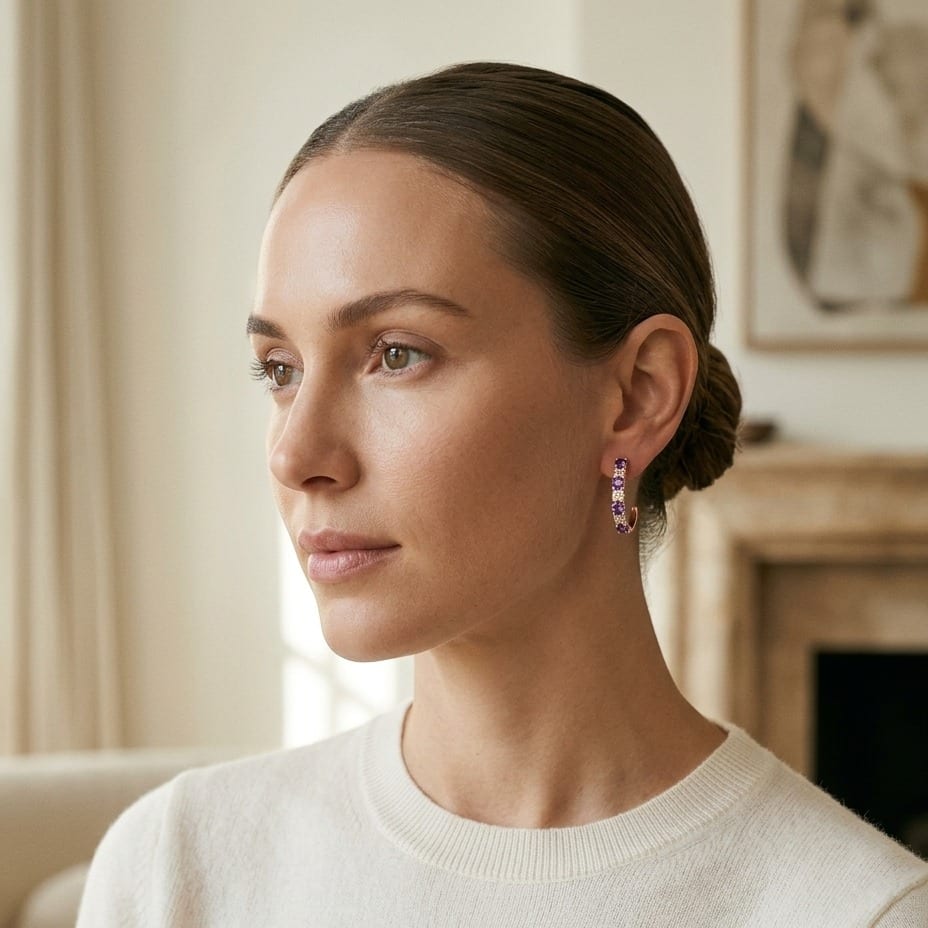 Amethyst & Alternating Diamond J Hoop Earrings in 14K Rose Gold - lifestyle
