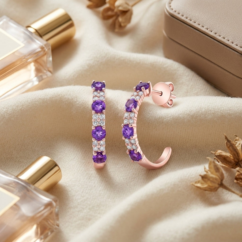 Amethyst & Alternating Diamond J Hoop Earrings in 14K Rose Gold - flat lay