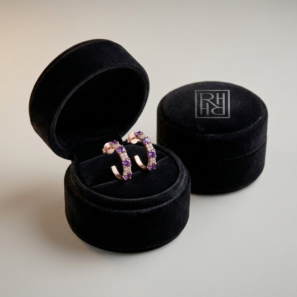 Amethyst & Alternating Diamond J Hoop Earrings in 14K Rose Gold - presentation