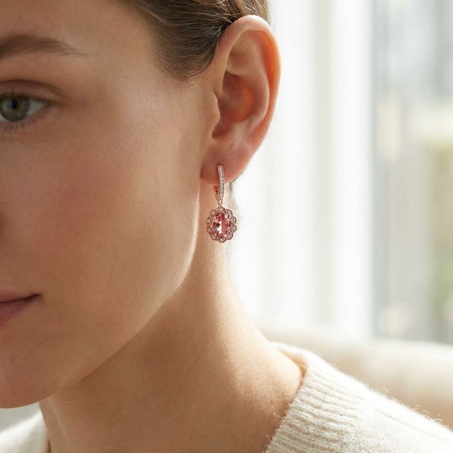 Oval Pink Tourmaline A Diamond Halo Earrings in 14K Rose Gold, worn close-up portrait