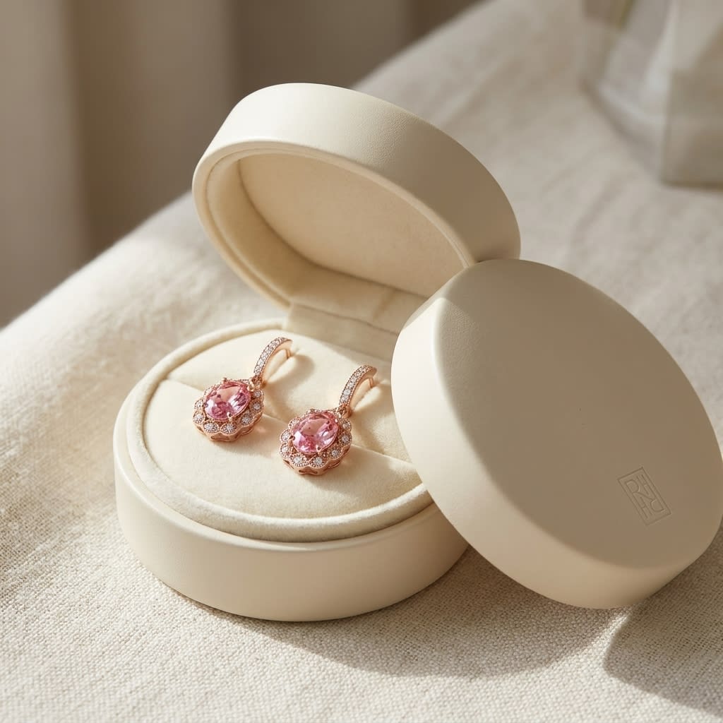 Oval Pink Tourmaline A Diamond Halo Earrings in 14K Rose Gold, in navy velvet jewelry box