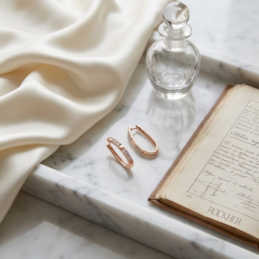 Diamond Pave Linear Oval Hoop Earrings With High Polish Accent in 14K Rose Gold, on marble vanity tray with silk