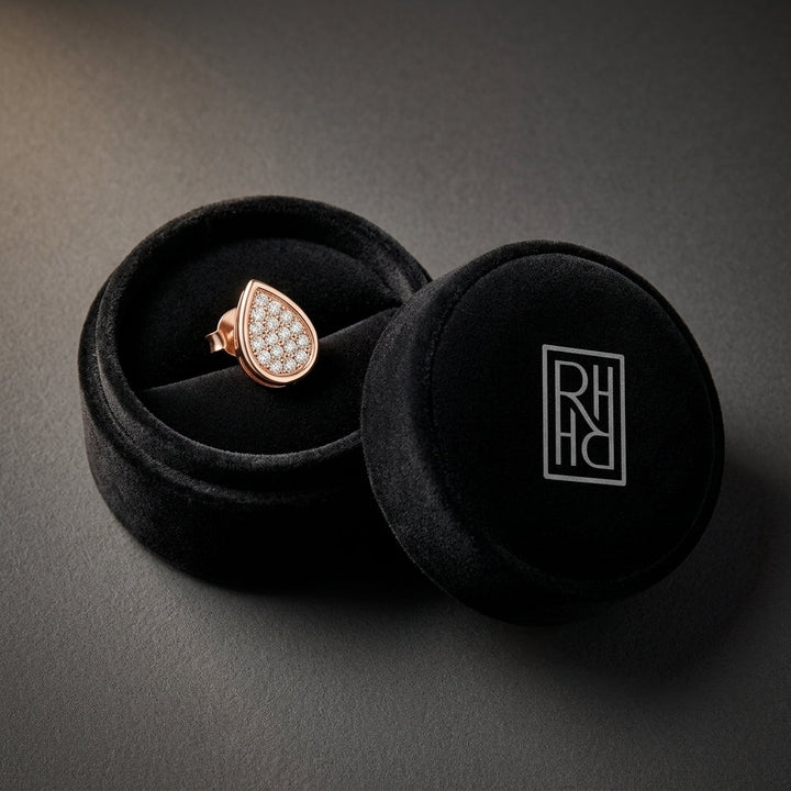 Diamond Pave Teardrop Cluster Earrings with High Polish Border in 14K Rose Gold - presentation