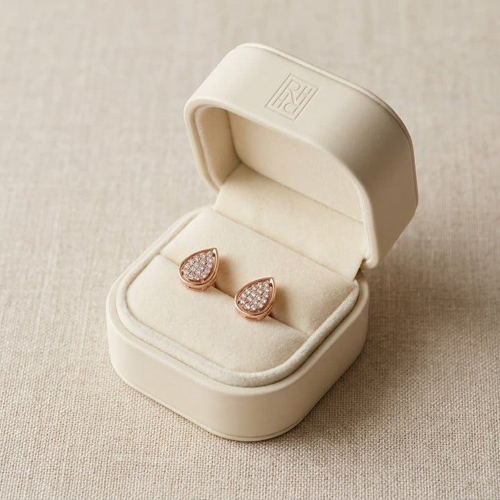 Natural Diamond Round Brilliant Stud Earrings in 14K Rose Gold, in navy velvet jewelry box